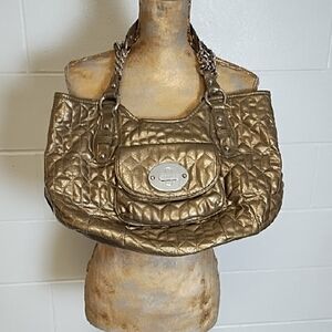 Gold Quilted Shoulder Bag with Chain Handles